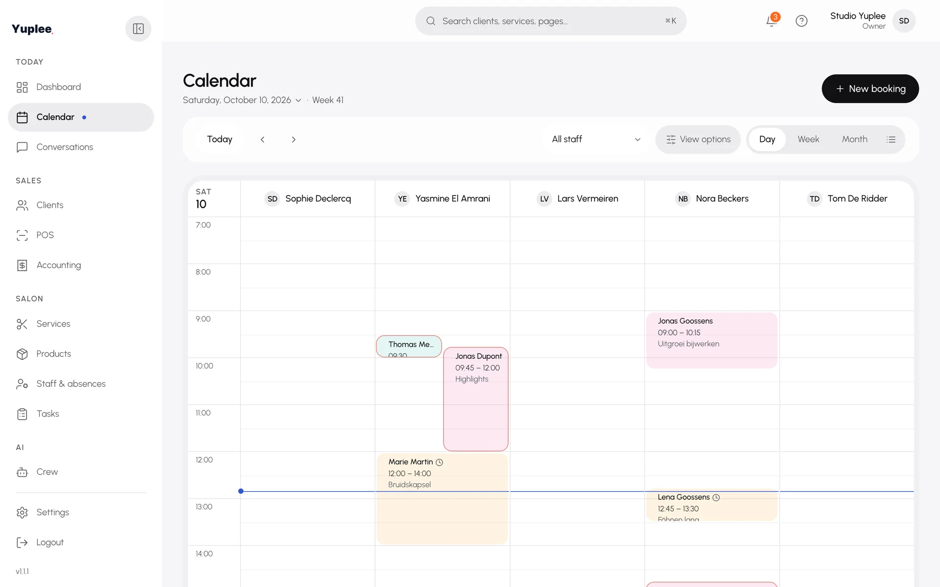 The Yuplee calendar with appointments per team member