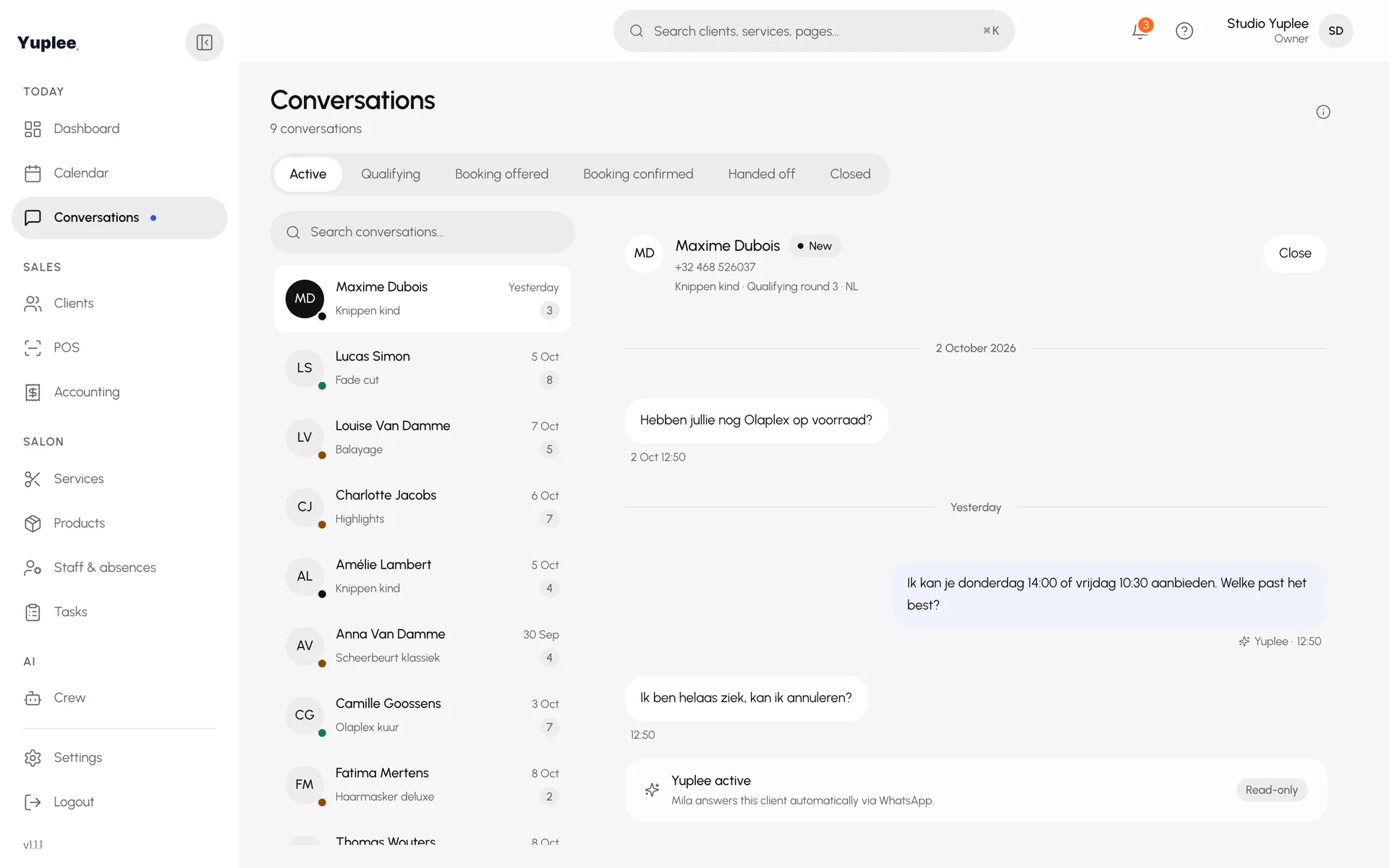 Conversations per client, with a handover to the owner