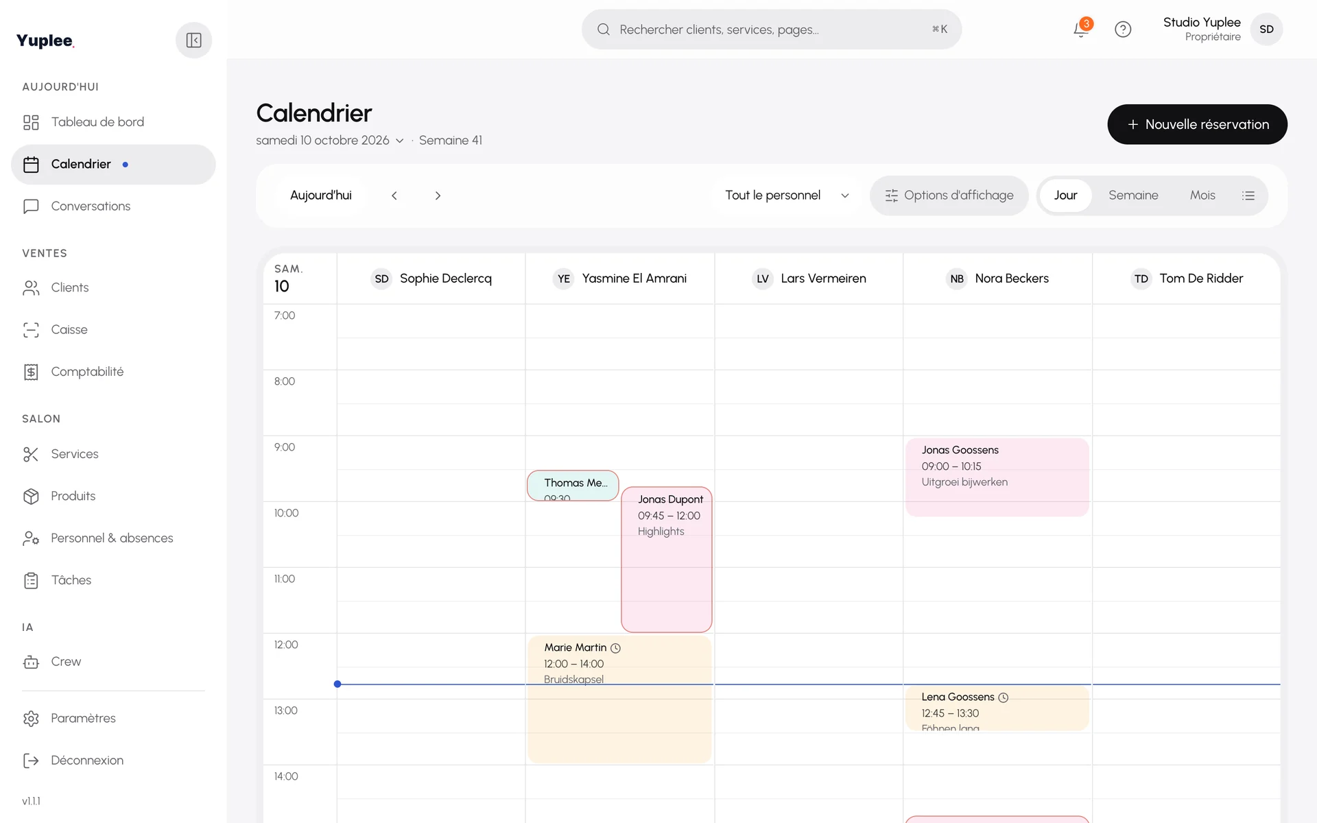 L'agenda Yuplee avec les rendez-vous par collaborateur