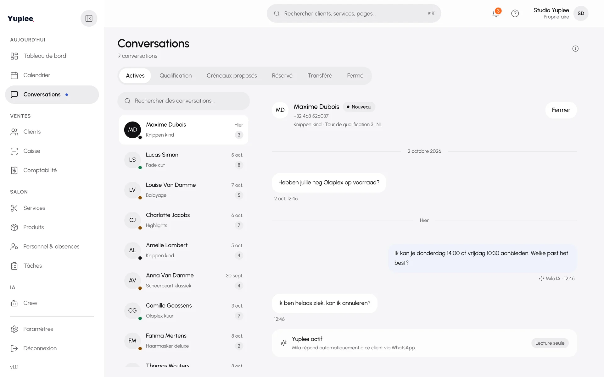 Conversations par client, avec transfert à la gérante