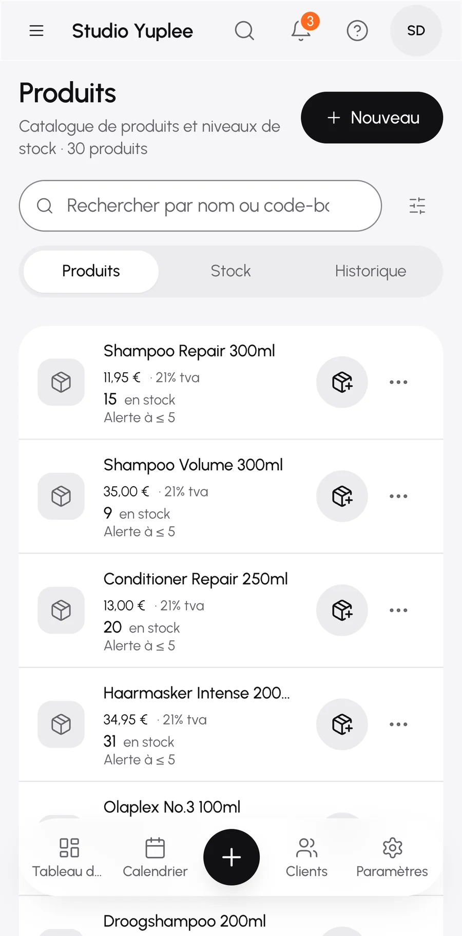 Produits et stock sur un téléphone