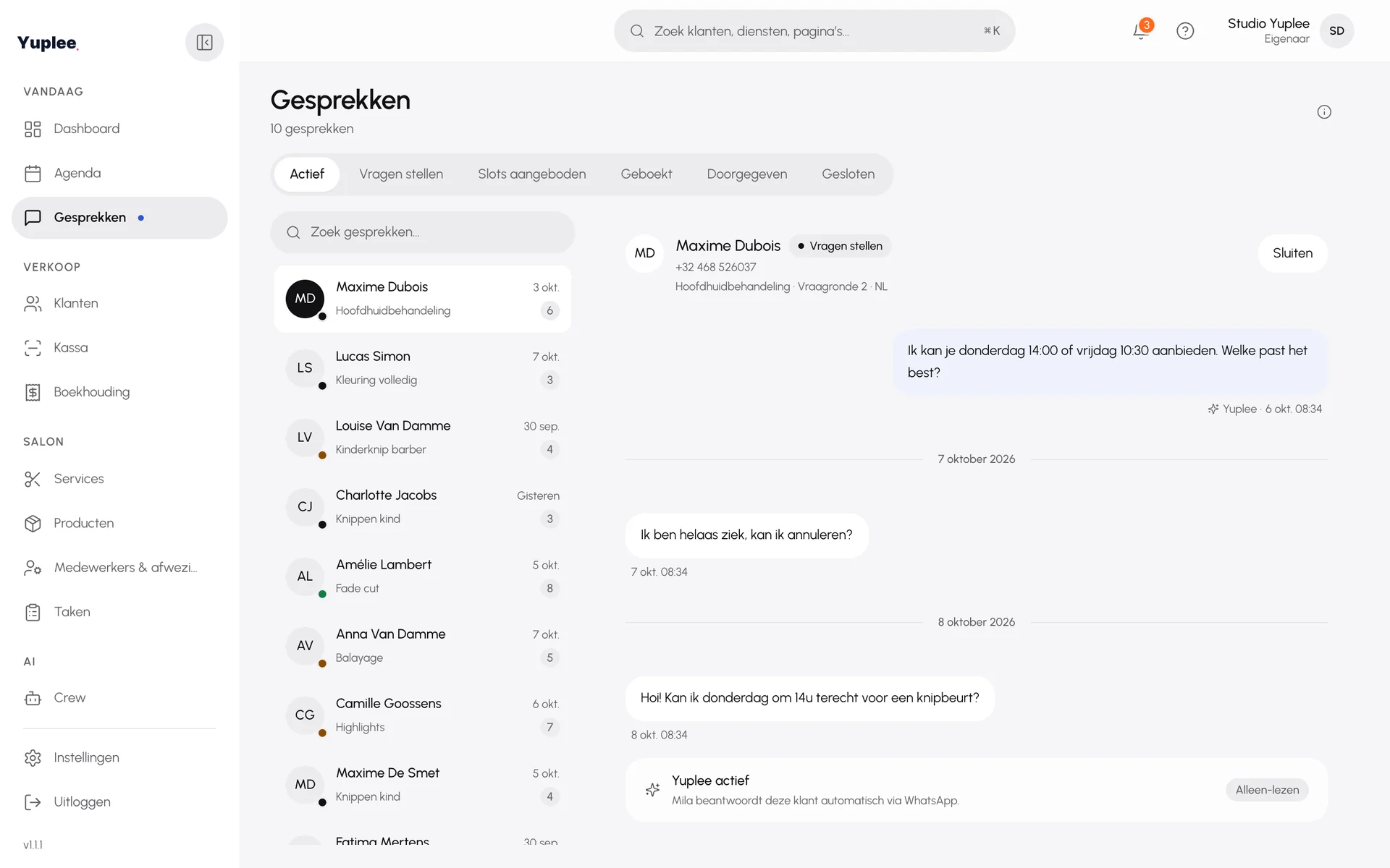 Gesprekken per klant, met een overdracht naar de eigenaar